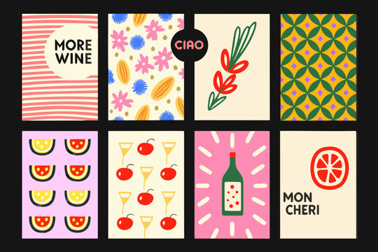 Colorful collection of illustrated wine and fruit themed art prints arranged in a grid