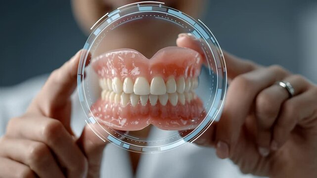 Dental Health Innovation concept ,Dental prosthetic teeth model held by hands with futuristic digital interface showing oral health care and denture