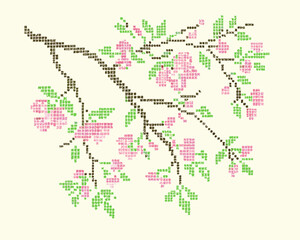 Fototapeta premium A pixelated branch of cherry blossoms with pink and green hues