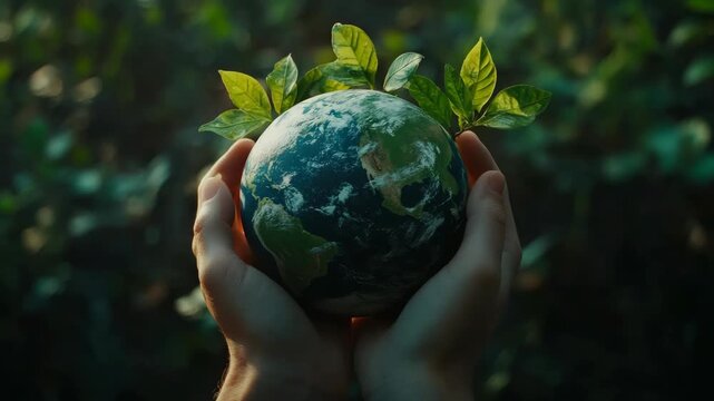 Hands gently holding the Earth, symbolizing care and protection for our planet. The conveys a message of unity in environmental stewardship.
