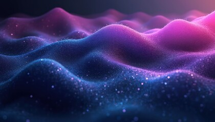 Abstract digital background shows shimmering granular wave forms with deep blue purple pink gradient surface. Glitter particles create futuristic tech vibe. Dynamic energy movement, modern graphic