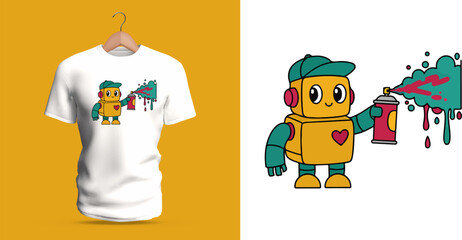 A playful T-shirt design showing a friendly yellow robot with a heart symbol spray-painting colorful graffiti shapes. The bold outlines, bright palette, and urban cartoon elements create a fun