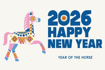 Colorful folk art horse celebrates the upcoming happy new year of 2026