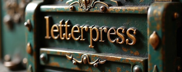 Close-up of old, rustic letterpress machine. Golden embossed text letterpress stands out on worn green metal panel, adorned with ornate bronze details. Vintage printing tool embodies classic print