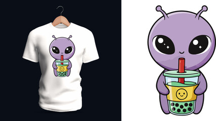 A cute T-shirt design featuring a purple alien holding a cup of boba tea with big glossy eyes, soft rounded shapes, pastel tones, and playful cartoon details. The friendly extraterrestrial character