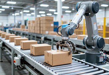 Industrial robotic arm working on a roller conveyor line moving packages in a bright logistics center.
