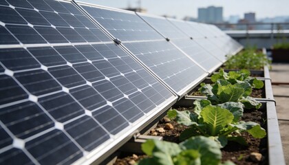 Fototapeta premium Close-up of solar panels installed above rows of leafy vegetables on a rooftop garden in an urban setting.
