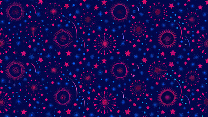 A vibrant pattern of fireworks stars and abstract shapes in pink and blue
