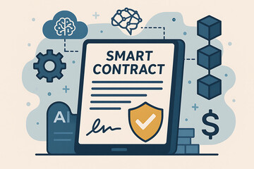 Smart contract digital document with blockchain ai and secure signature icon representing legal technology automation and trust