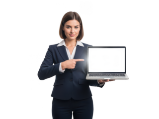 Businesswoman pointing to a laptop with a blank screen isolated on transparent background