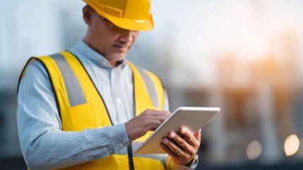 A construction worker wearing a safety helmet and reflective vest uses a tablet to monitor project progress at a bustling construction site during the golden hour