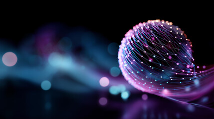 Abstract 3D sphere of purple and blue neon gradient particle waves heavily defocused background artificial intelligence concept visualization virtual assistant future