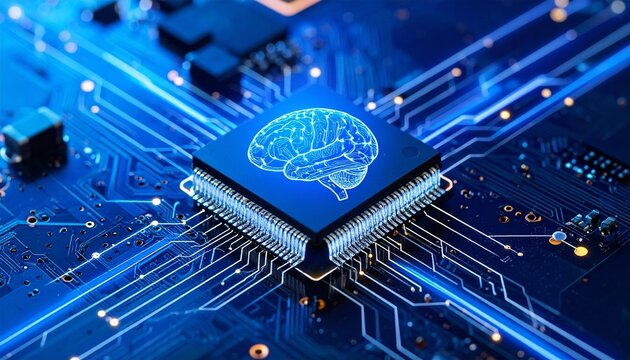 AI microchip glowing with brain icon on illuminated circuit board. - Powered by Adobe