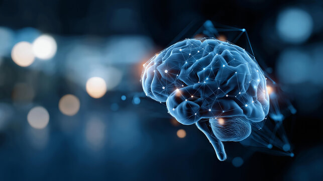 AI assistant brain processor with LLM technology defocused digital background big data machine learning representation generative AI for business support future