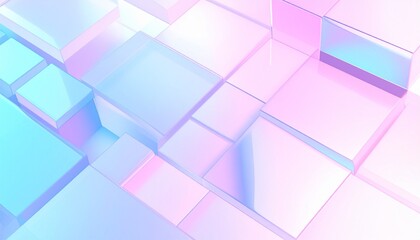 Abstract 3D pastel blocks in staggered layout with soft lighting and translucent reflections.