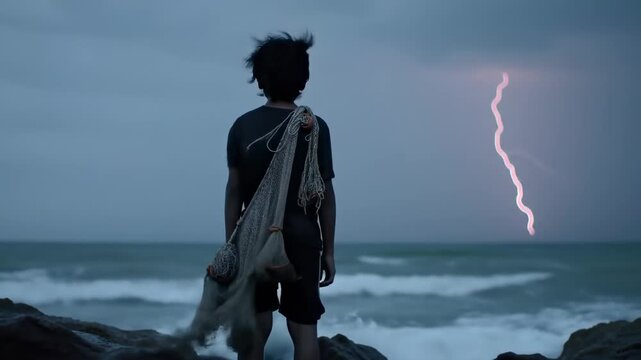 A child with a net watches lightning over the sea