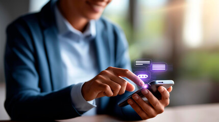 Conversational AI assistant enhancing chatbot interaction heavily defocused background AI assistant supporting queries and answering instantly improves experience and drives