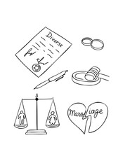 Hand drawn divorce legal concept doodle set with document ring gavel scale and broken heart isolated on white background in vector style. Concept of marriage separation, family law process