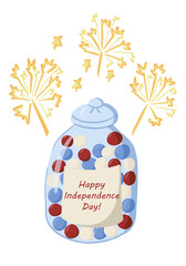 Hand drawn independence day illustration with glass jar filled with red white and blue candy and festive fireworks isolated on white background in vector style. Concept of national celebration