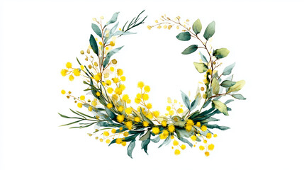 ミモザとユーカリの水彩画風リースフレーム