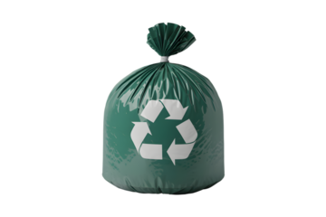 Green plastic garbage bag with recycling symbol  . Isolated on transparent background, png