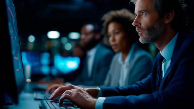 Faceless analysts using computers to analyze data with AI technology heavily defocused background anonymous professionals running data analysis tools chatbots with AI for - Powered by Adobe