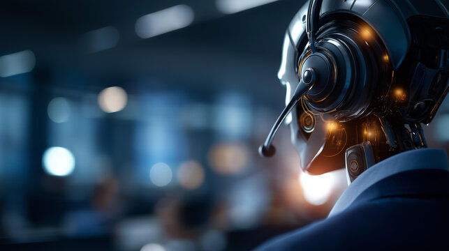 Robotic call center agent with metallic shoulder and communication headset defocused background AI cybernetic assistant features futuristic automation digital client service