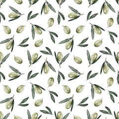 Watercolor pattern of olives and olive tree branches.