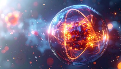 Luminous sphere contains fiery core with encircling rings against a bokeh-lit, smoky backdrop