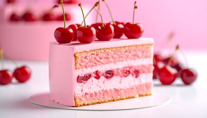 A slice of layered cake adorned with fresh, bright red cherries. It sits on a white plate against a soft, pink background