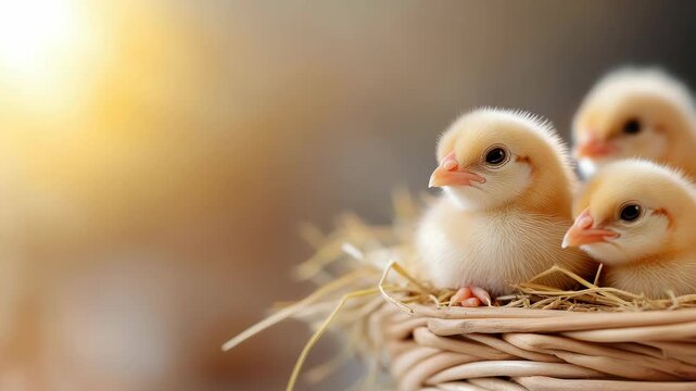 Newborn fluffy yellow chicks cuddled together in a wicker nest of straw, gazing curiously and representing spring, new life, innocence, and Easter joy