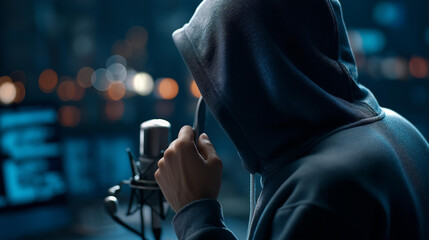 AI assistant voice chat interface with faceless person interacting through microphone heavily defocused background anonymous user with AI voice chat digital communication