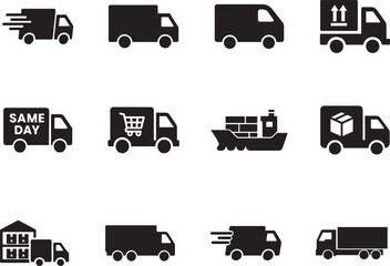 Delivery truck icon set for logistics and shipping, editable line vectors isolated on white.