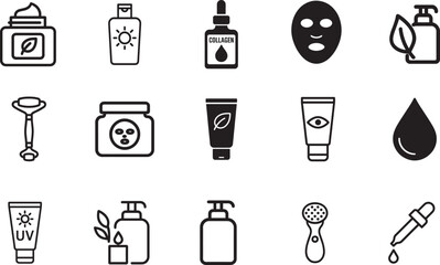 Skincare icon set with cream, lotion, serum, mask, face, body, spa, and cosmetic items.