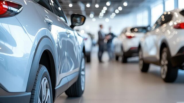 Shiny new silver car standing in a brightly lit, modern showroom with blurred background, where a salesperson is talking to a potential customer among other vehicles on display