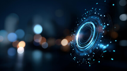 Futuristic AI assistant powered by large language model defocused data analytics background generative AI and intelligent business automation support machine learning