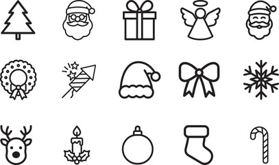 Christmas editable line icon set with Santa, tree, gifts, angel, wreath and ornaments.