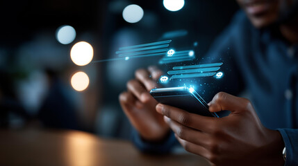 AI chatbot assisting customer support through mobile messaging platform heavily defocused smartphone screen background automated response system digital communication