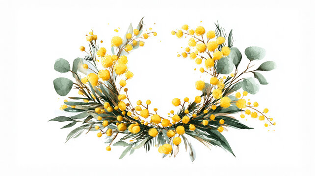 ミモザとユーカリの水彩画風リースフレーム
