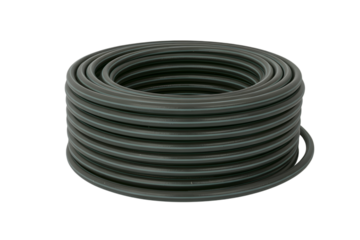 coiled grey rubber hose, close-up shot of a rolled rubber . Isolated on transparent background, png
