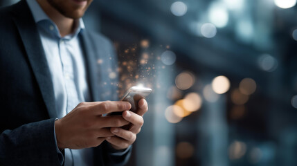 Faceless businessman using smartphone with chatbot technology heavily defocused contemporary office background anonymous professional highlighting artificial intelligence