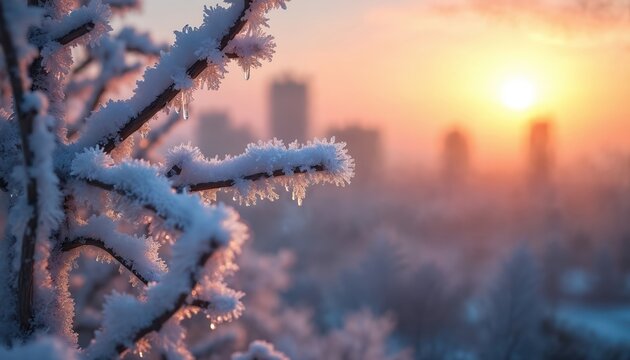 Close up icy tree branch with delicate frost patterns in soft morning sun. Distant city buildings hazy in orange sunrise light. Winter wonderland atmosphere. - Powered by Adobe