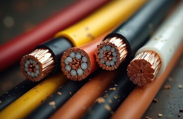 Close up view of several cut electric cables. Copper, aluminum wire conductors show inside colorful plastic insulation. Power tech, energy transmission, engineering industry concepts. Cable