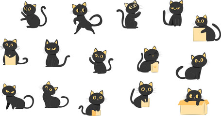 Set of cute funny kittens in different poses and angles, black cats, vector