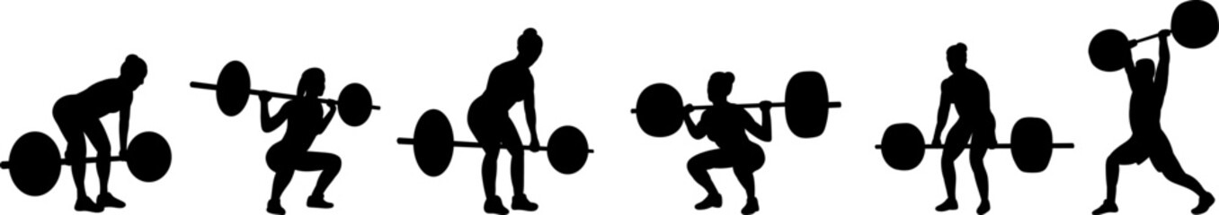 Set of silhouettes of women with barbells, athletes, gym, vector