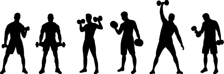 Set of silhouettes of men with dumbbells, athletes, gym, vector