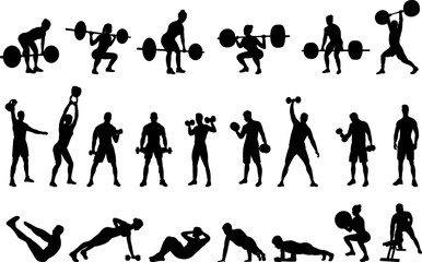 Set of silhouettes of men and women with dumbbells and barbells, athletes, gym, vector