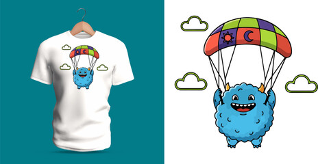 Vector T-shirt design of a fluffy blue cloud-creature joyfully parachuting with a multicolored canopy decorated with small symbols, surrounded by simple clouds. The character has a cheerful face