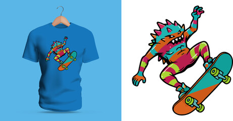 Vector T-shirt design of a spiky monster riding a skateboard mid-air, featuring sharp stripes, wide open mouth, vivid colors, and energetic motion lines. The creature’s limbs stretch dynamically