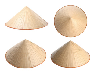 Four conical woven hats from different perspectives